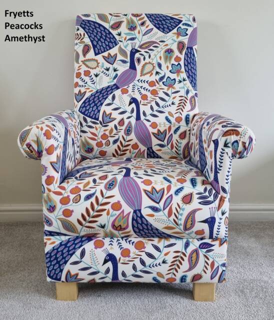 Peacocks Fryetts Fabrics Adult Chairs Armchairs Vibrant Accent Birds Blue Amethyst Green Teal Ochre Yellow Mustard Nursery Bedroom Lounge - image 1