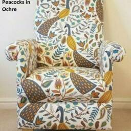 Peacocks Fryetts Fabrics Adult Chairs Armchairs Vibrant Accent Birds Blue Amethyst Green Teal Ochre Yellow Mustard Nursery Bedroom Lounge - thumbnail 2
