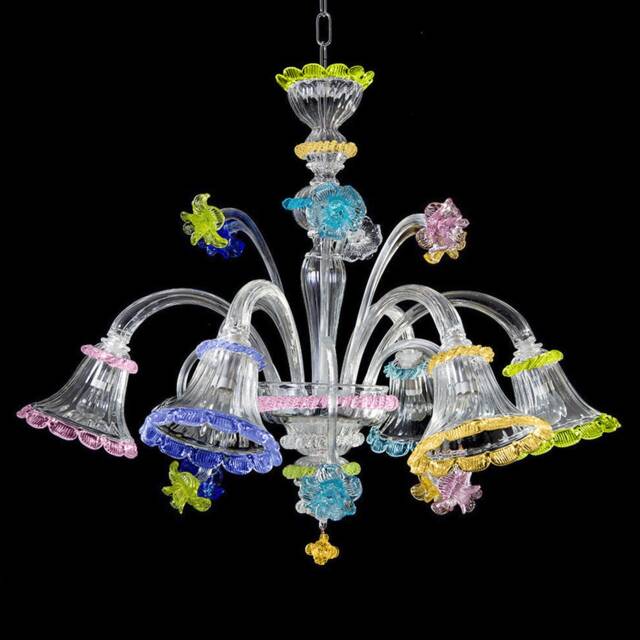 Murano Chandelier 5 Lights Crystal & Multicolored Flowers