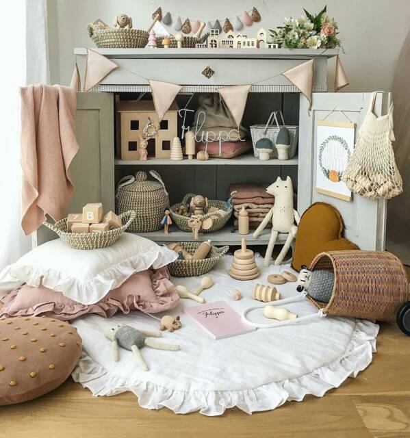 Neutral Baby Play Mat, Round Floor Rug, White Padded Boho Style Mat - image 1