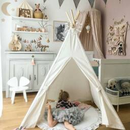 Neutral Baby Play Mat, Round Floor Rug, White Padded Boho Style Mat - thumbnail 3