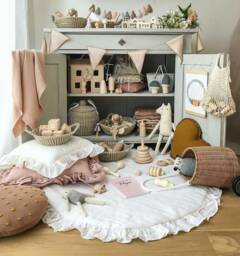 Neutral Baby Play Mat, Round Floor Rug, White Padded Boho Style Mat - thumbnail 1