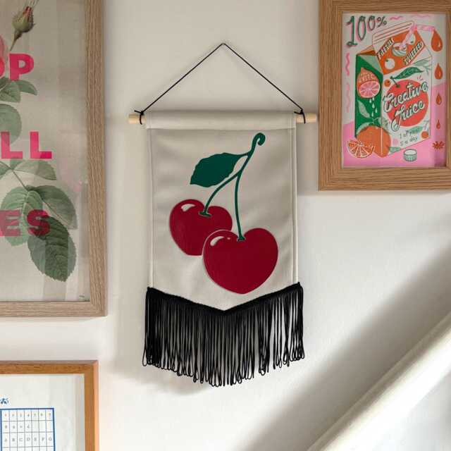 Velvet Cherry Heart Banner Vintage Style Wall Hanging With Fringe - image 1