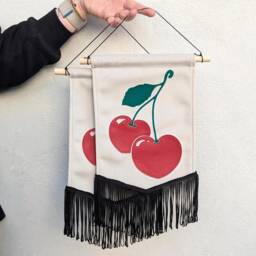 Velvet Cherry Heart Banner Vintage Style Wall Hanging With Fringe - thumbnail 2