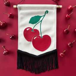Velvet Cherry Heart Banner Vintage Style Wall Hanging With Fringe - thumbnail 3