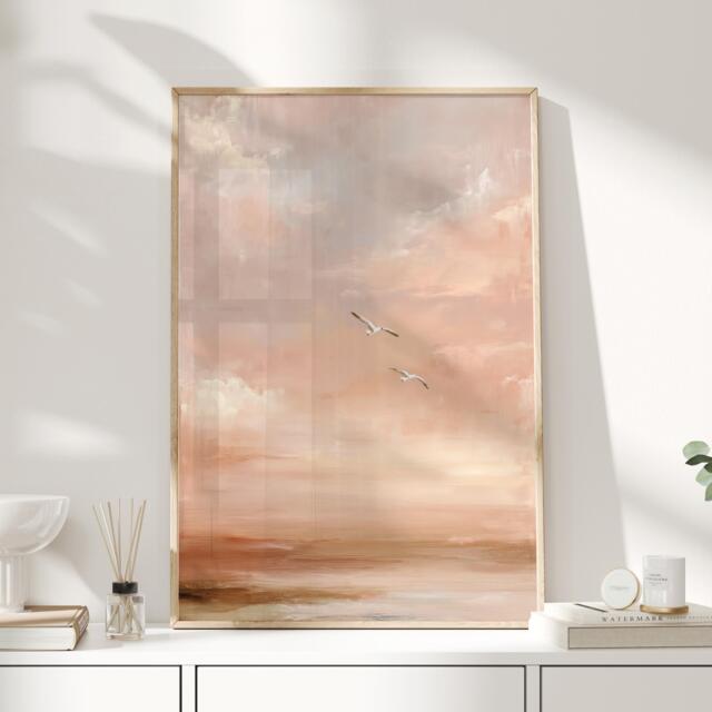 Soft Peach Coastal Wall Art Minimal Seascape Print Neutral Sunset Sky Birds Modern Home Decor - image 1