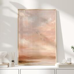 Soft Peach Coastal Wall Art Minimal Seascape Print Neutral Sunset Sky Birds Modern Home Decor - thumbnail 1