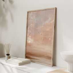 Soft Peach Coastal Wall Art Minimal Seascape Print Neutral Sunset Sky Birds Modern Home Decor - thumbnail 2