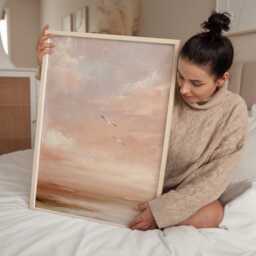 Soft Peach Coastal Wall Art Minimal Seascape Print Neutral Sunset Sky Birds Modern Home Decor - thumbnail 3