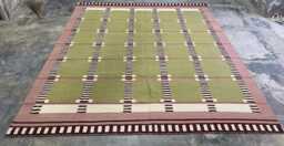 Handwoven Wool Kilim Rug - Green Plaid, Boho Farmhouse Decor