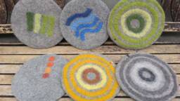 Handfelted Seat Cushion With Coloured Pattern Mix On Medium Gray