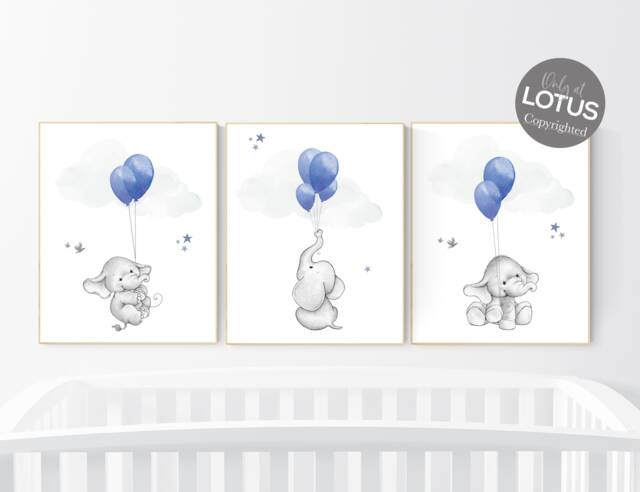 Elephant Balloon Nursery Print Navy Blue, Gray Wall Art - image 1
