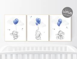 Elephant Balloon Nursery Print Navy Blue, Gray Wall Art - thumbnail 1