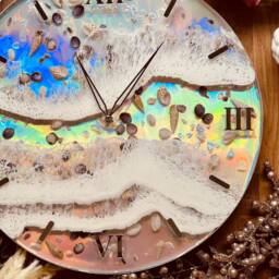 Clock, Wall Clock, Resin Art Grandfather Decoration, Art, Object, Gift, Holographic With Waves & Shell - thumbnail 3