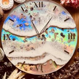 Clock, Wall Clock, Resin Art Grandfather Decoration, Art, Object, Gift, Holographic With Waves & Shell - thumbnail 2