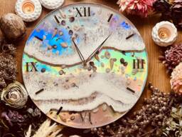 Clock, Wall Clock, Resin Art Grandfather Decoration, Art, Object, Gift, Holographic With Waves & Shell