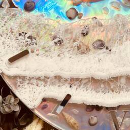 Clock, Wall Clock, Resin Art Grandfather Decoration, Art, Object, Gift, Holographic With Waves & Shell - thumbnail 4