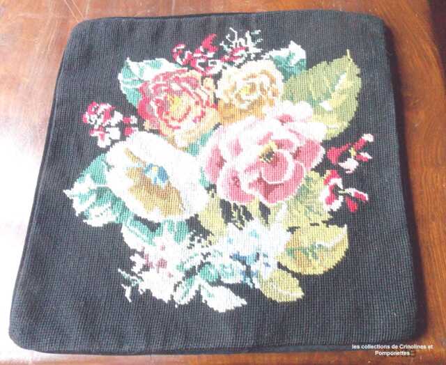 Cushion Cover Entirely Hand-Embroidered in Petit Point With Large Flowers On A Black Background 40cm - image 1