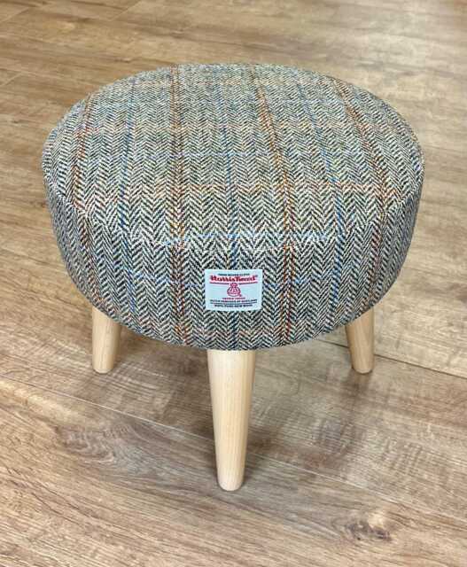 Herringbone Overcheck Harris Tweed Footstool With Varnished Light Wooden Legs - image 1