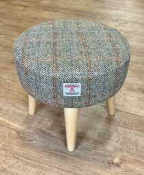 Herringbone Overcheck Harris Tweed Footstool With Varnished Light Wooden Legs