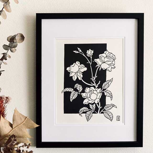 Roses Are Red - Original Floral Lino Art Print Hand Carved Flower - image 1
