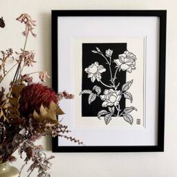 Roses Are Red - Original Floral Lino Art Print Hand Carved Flower - thumbnail 3