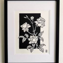 Roses Are Red - Original Floral Lino Art Print Hand Carved Flower - thumbnail 2