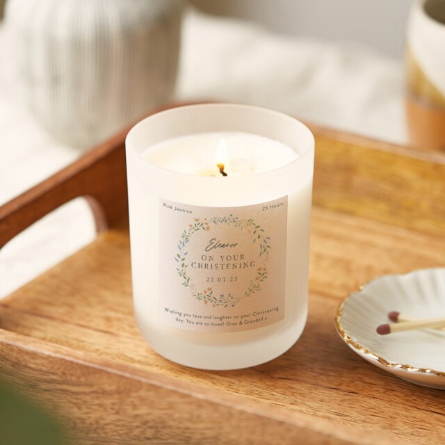 Personalised Christening Candle Floral Scented Frosted Glass Gift - image 1