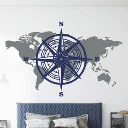 World Map Removable Wall Decal Bedroom Decor Nautical Compass & Vinyl Sticker Nursery - thumbnail 2