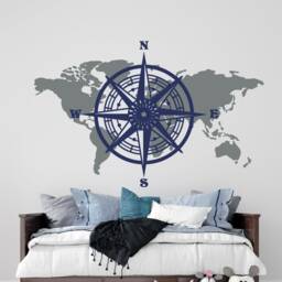 World Map Removable Wall Decal Bedroom Decor Nautical Compass & Vinyl Sticker Nursery - thumbnail 3