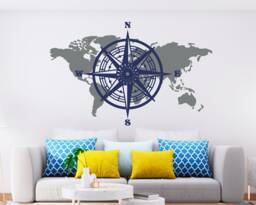 World Map Removable Wall Decal Bedroom Decor Nautical Compass & Vinyl Sticker Nursery - thumbnail 1