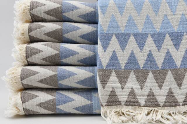 "Herringbone Towel, Blue & Brown Towel, Zigzag Towel, Double Face Towel, 36""x69" - image 1