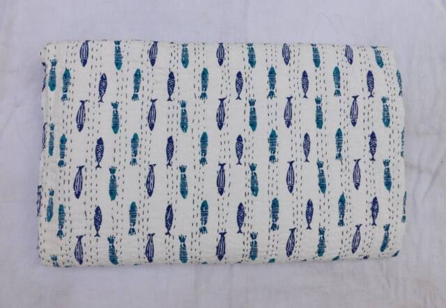 Fish Print Kantha Quilt Handmade Indian Cotton Bedspread - image 1