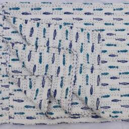 Fish Print Kantha Quilt Handmade Indian Cotton Bedspread - thumbnail 3
