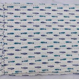 Fish Print Kantha Quilt Handmade Indian Cotton Bedspread - thumbnail 2