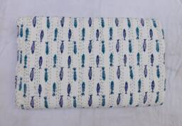 Fish Print Kantha Quilt Handmade Indian Cotton Bedspread - thumbnail 1