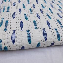 Fish Print Kantha Quilt Handmade Indian Cotton Bedspread - thumbnail 4