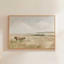 Horse Meadow Poster, Neutral Pasture Print, Country Wall Art, Paper - thumbnail 1