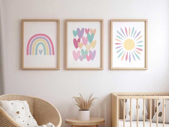 Set Of Three Rainbow Nursery Prints Pastel Rainbow, Hearts, Sun - image 1
