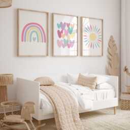 Set Of Three Rainbow Nursery Prints Pastel Rainbow, Hearts, Sun - thumbnail 2