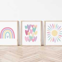 Set Of Three Rainbow Nursery Prints Pastel Rainbow, Hearts, Sun - thumbnail 3