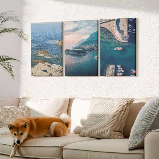 Canvas Set Of 3 Wall Art - Sea Views With Cliffs & Mountain Ports, Blue Print, Landscapes Hanging Piece - image 1
