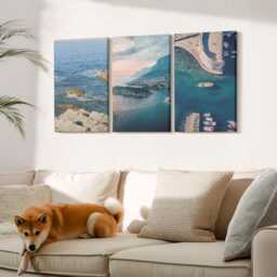 Canvas Set Of 3 Wall Art - Sea Views With Cliffs & Mountain Ports, Blue Print, Landscapes Hanging Piece - thumbnail 1