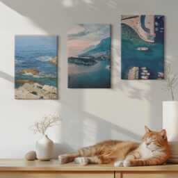 Canvas Set Of 3 Wall Art - Sea Views With Cliffs & Mountain Ports, Blue Print, Landscapes Hanging Piece - thumbnail 3