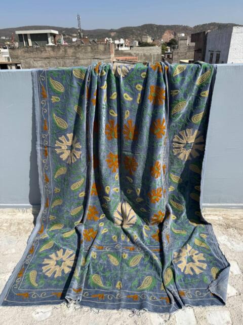 Handmade Velvet Suzani Bedspread - Uzbek Style Embroidered Quilt - image 1