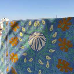 Handmade Velvet Suzani Bedspread - Uzbek Style Embroidered Quilt - thumbnail 2