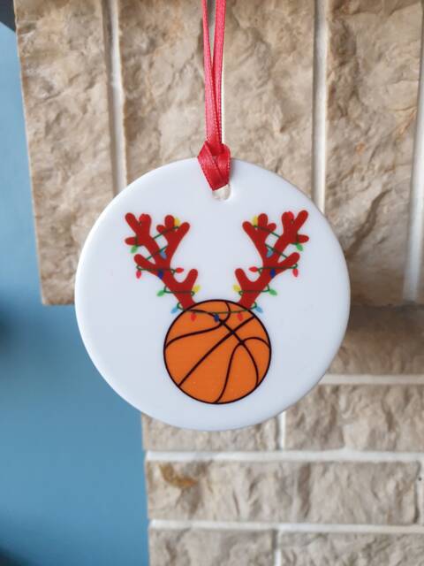 Basketball With Antlers & Christmas Lights Ceramic Tree Decoration - image 1