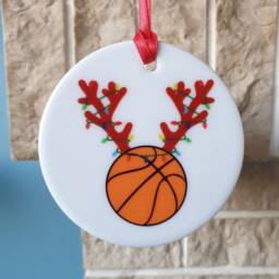 Basketball With Antlers & Christmas Lights Ceramic Tree Decoration - thumbnail 2