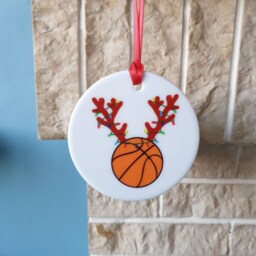 Basketball With Antlers & Christmas Lights Ceramic Tree Decoration - thumbnail 3