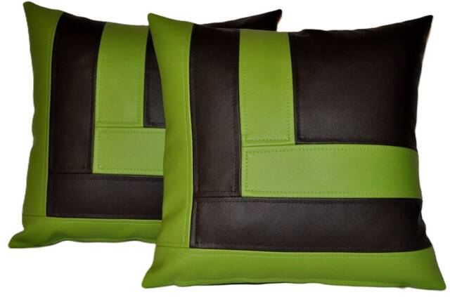 2 Black & Apple Green Faux Leather Cushion Covers Block Style 18 - image 1
